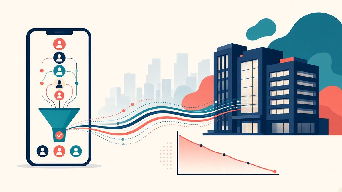 Product analytics ed enterprise analytics Smartphone con funnel di utenti e curva di retention accanto a edifici aziendali, a rappresentare product analytics ed enterprise