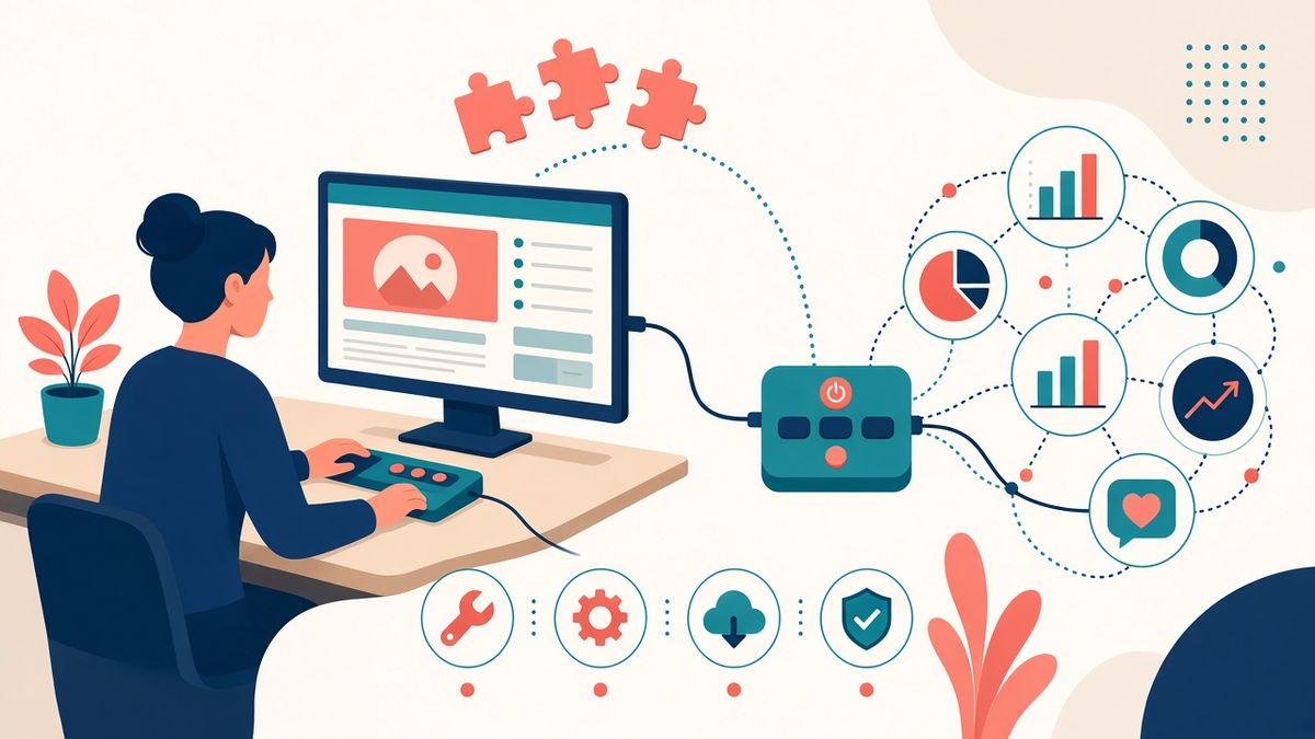 Configurazione di GA4 con Google Tag Manager Marketer alla scrivania che collega il sito web a un hub di analisi tramite Google Tag Manager
