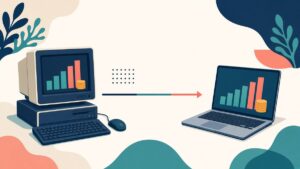 Computer d'epoca e laptop moderno con grafici in crescita: l'evoluzione degli strumenti per misurare il ROI delle campagne
