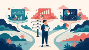 Manager a un bivio con una checklist mentre sceglie tra diversi software di web analytics