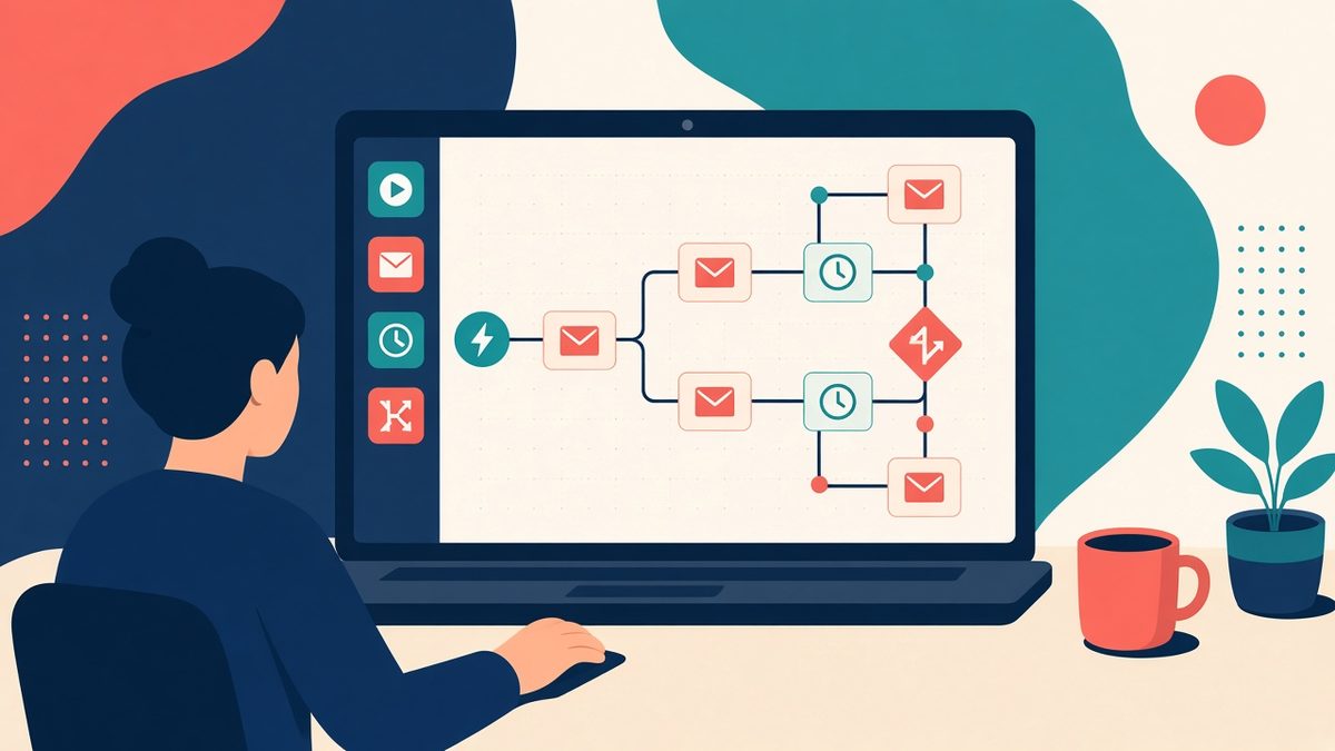 ActiveCampaign: automazioni email Illustrazione: una persona costruisce al laptop un flusso di email marketing automation con trigger, attese e diramazioni, come in ActiveCampaign