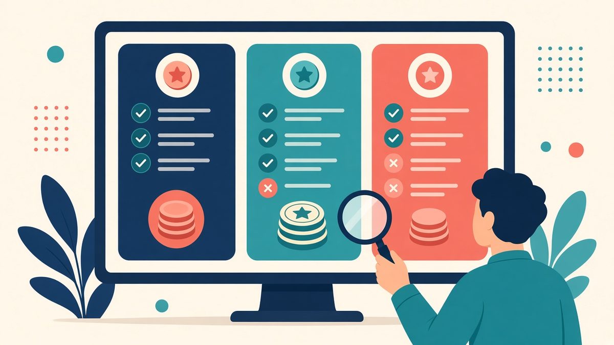 Confronto funzioni e prezzi dei CRM Illustrazione: tre piani software affiancati con funzioni incluse ed escluse e costi diversi, confrontati con una lente d'ingrandimento