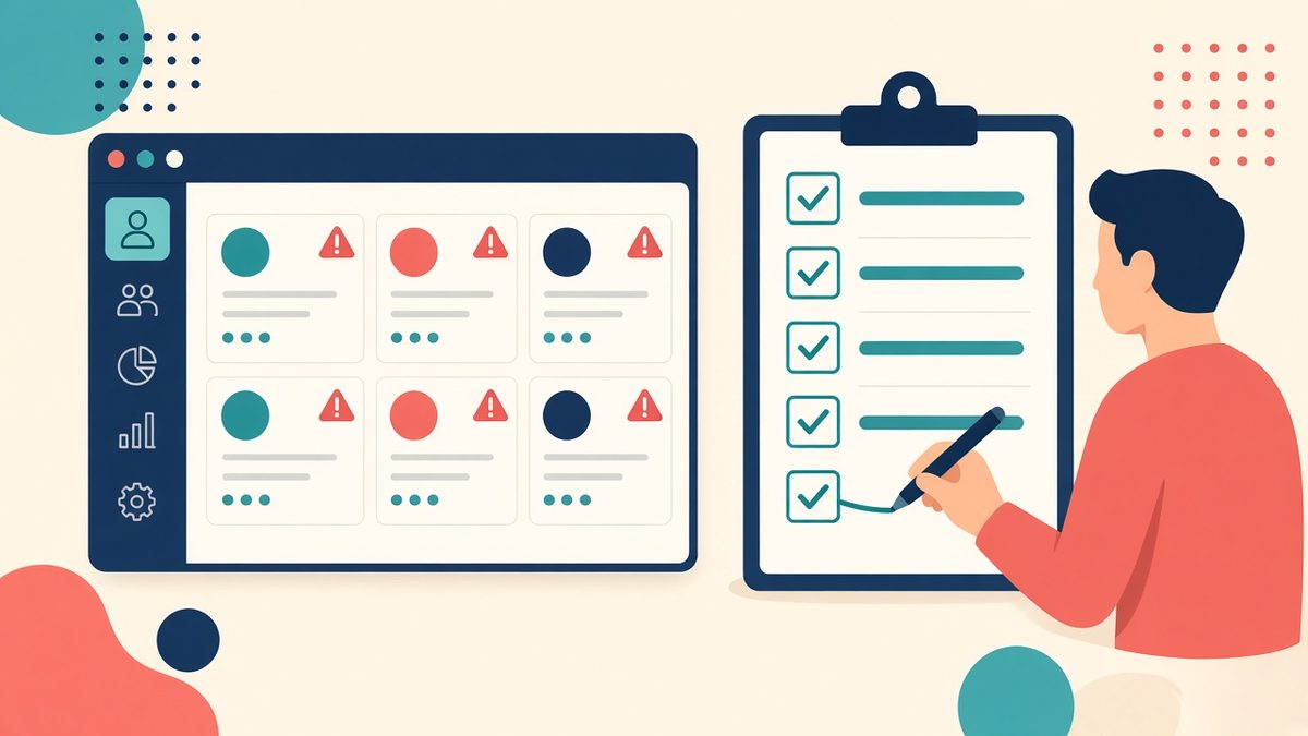 Errori da evitare con il CRM Illustrazione: schede contatto duplicate e incomplete segnalate da avvisi nel CRM, accanto a una checklist da spuntare