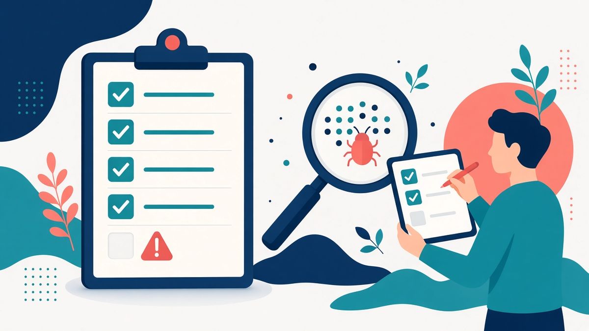 Errori comuni e checklist GA4 Checklist di configurazione con segni di spunta, un avviso e una lente d'ingrandimento che individua un errore nei dati