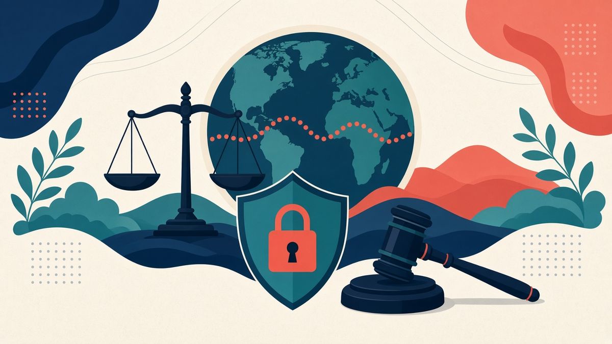 GDPR e trasferimento dei dati verso gli USA Bilancia della giustizia, martelletto e scudo con lucchetto davanti a un globo con dati che attraversano l'oceano