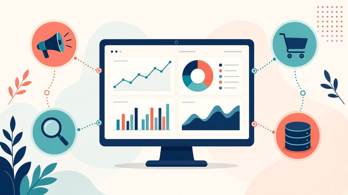 Google Analytics 4 e le sue integrazioni Dashboard di analytics collegata a pubblicità, ricerca, e-commerce e data warehouse, come avviene con Google Analytics 4
