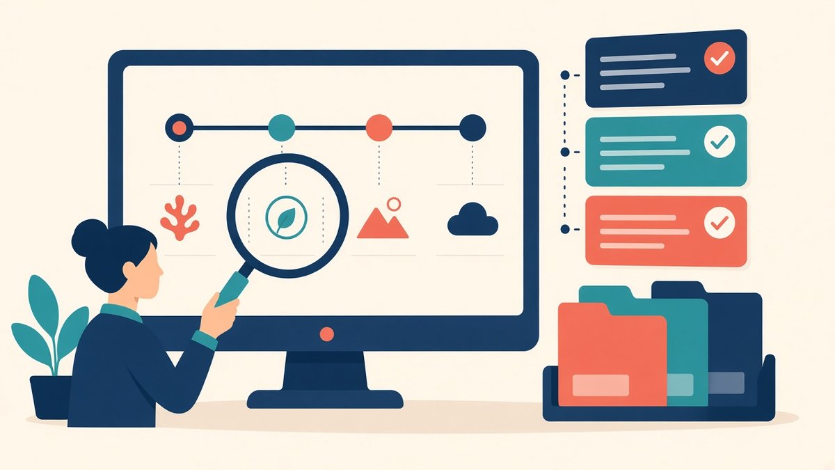 Anteprima, test e versioni in Google Tag Manager Persona che esamina con una lente la sequenza degli eventi su un monitor, con versioni e cartelle