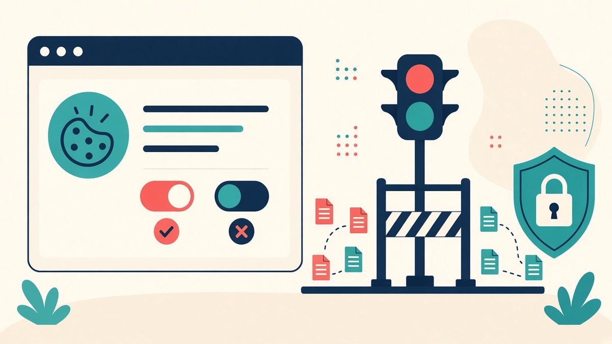 Consent Mode V2 in Google Tag Manager Banner cookie con interruttori accanto a un semaforo che regola il passaggio dei dati
