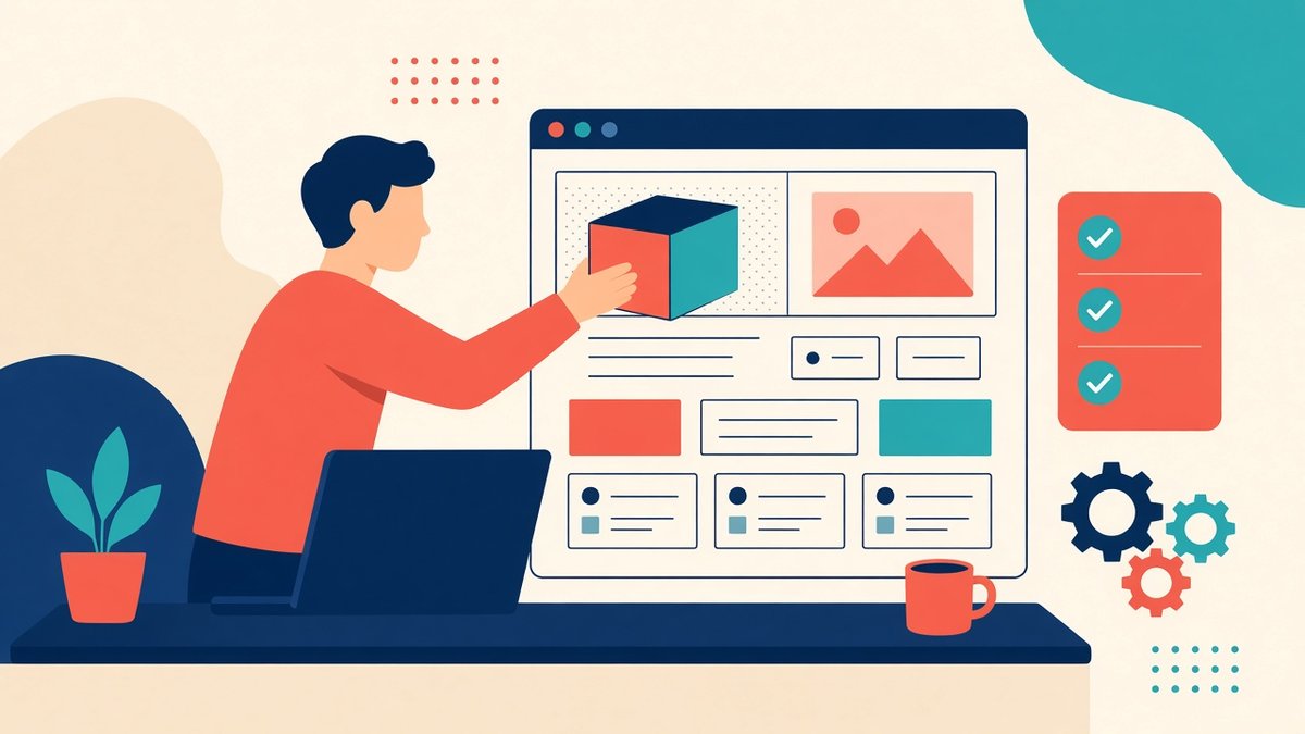 Installazione del contenitore di Google Tag Manager Persona che inserisce un contenitore nella parte alta di un sito web con checklist e ingranaggi