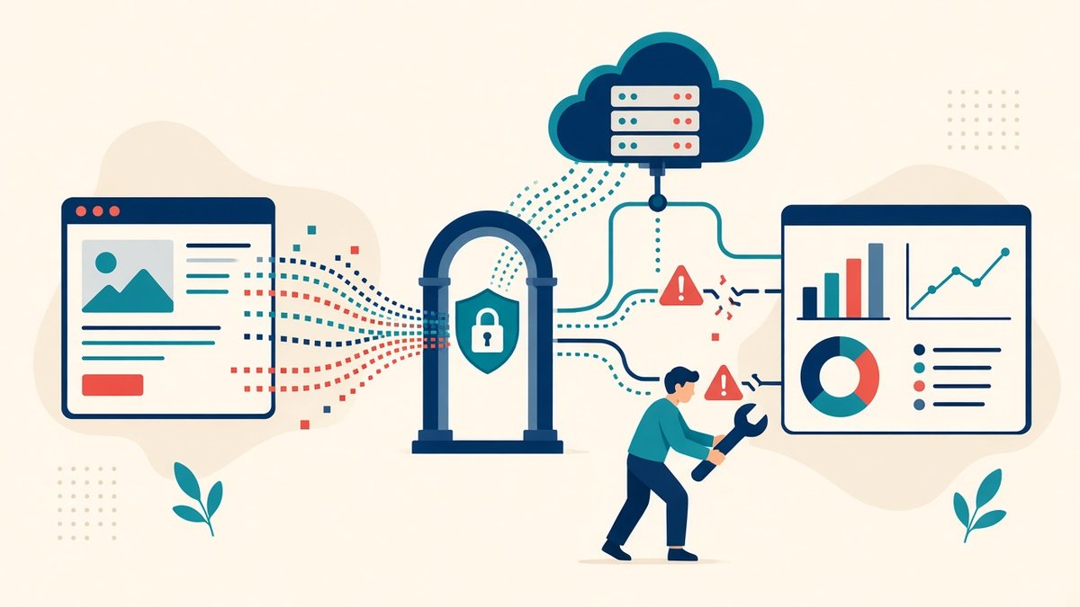 Novità 2026 ed errori da evitare in Google Tag Manager Dati che passano da un sito attraverso un gateway e un server cloud, con un tecnico che ripara percorsi interrotti