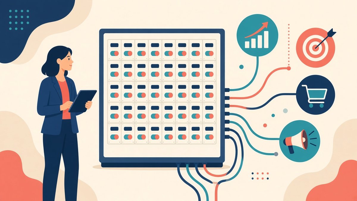 Google Tag Manager come quadro elettrico dei tag Marketer accanto a un quadro elettrico con interruttori collegati a icone di analisi, pubblicità ed e-commerce