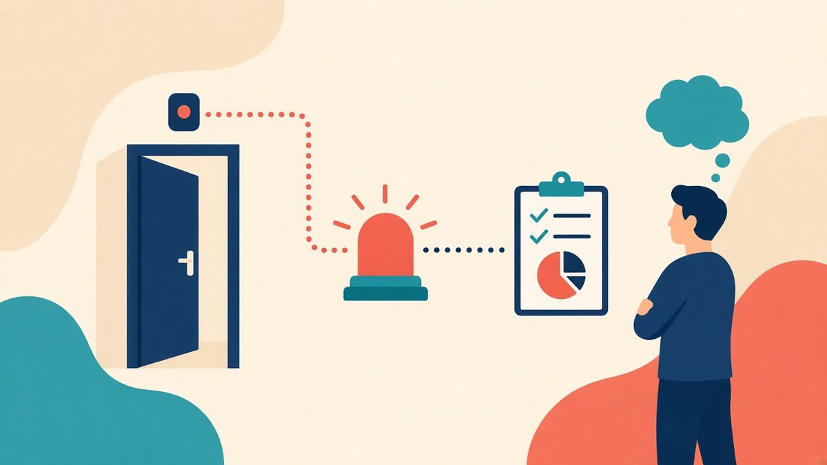 Tag, attivatori e variabili in Google Tag Manager Porta con sensore, sirena e appunti collegati: la metafora di attivatori, tag e variabili