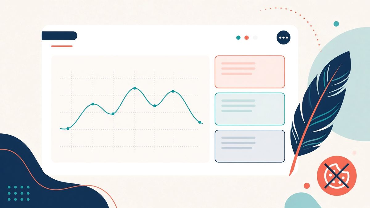 Plausible e Fathom: analytics senza cookie Dashboard minimale con un solo grafico, una piuma e un cookie barrato che rappresentano analytics leggeri e senza cookie