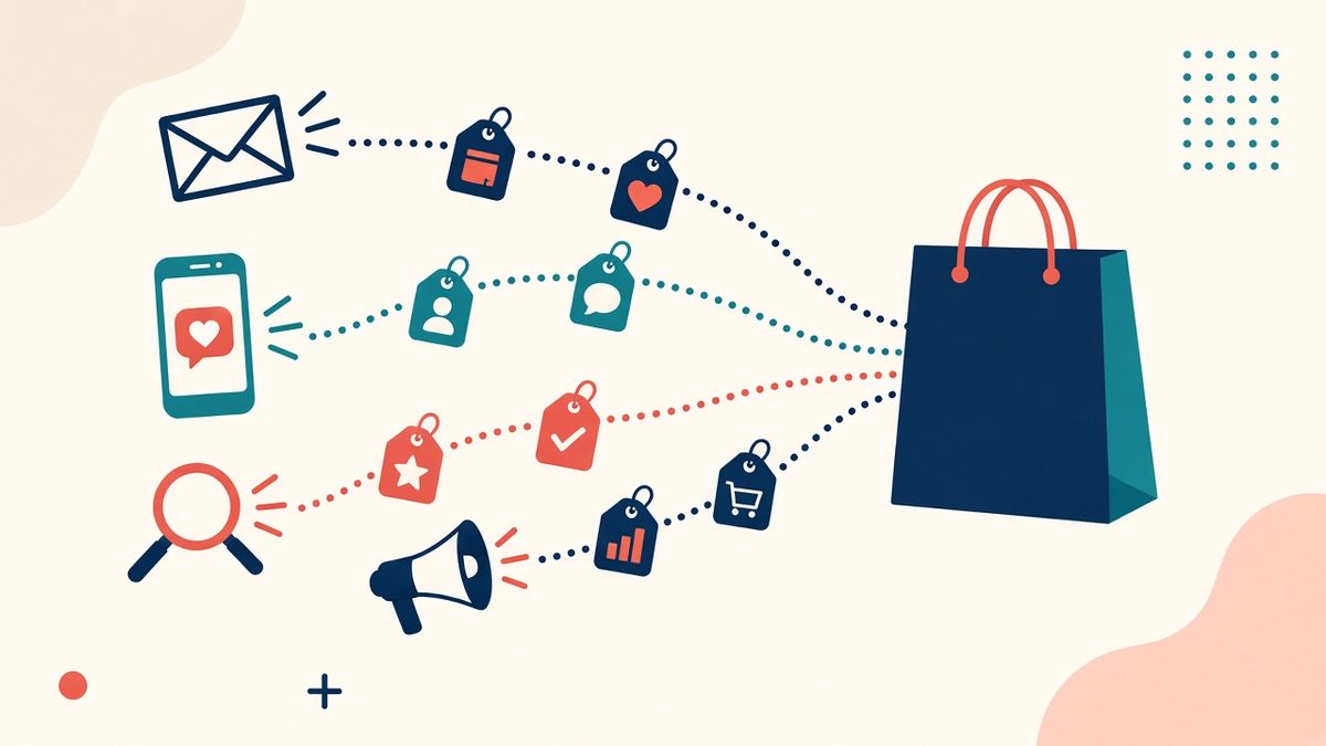 Parametri UTM e attribuzione delle conversioni Canali di marketing come email, social, ricerca e advertising che convergono verso un acquisto tramite link etichettati con UTM